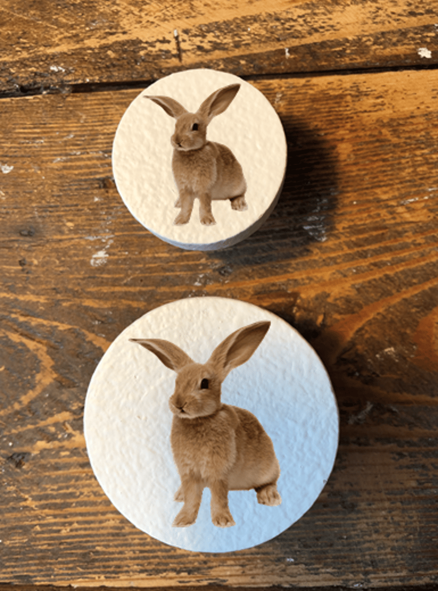 Handmade Bunny rabbit pine door knobs wardrobe drawer handles decoupaged 