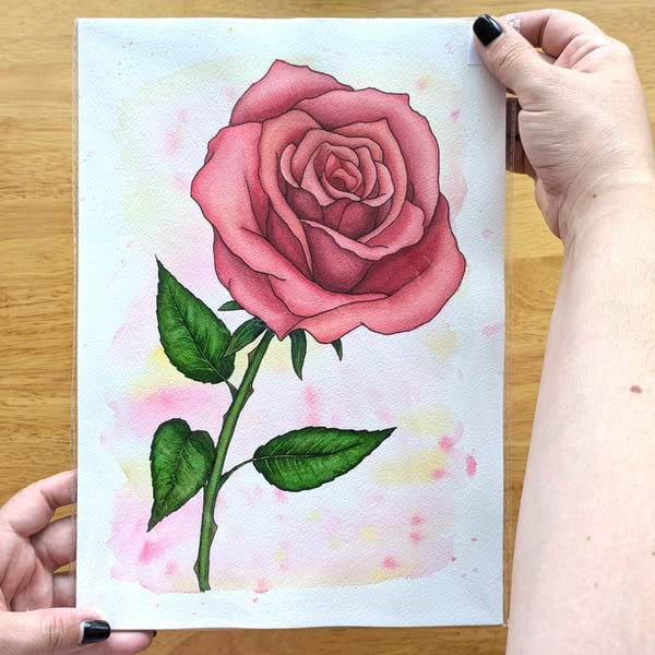 Original Watercolour Painting of a Red Rose, A4 Art