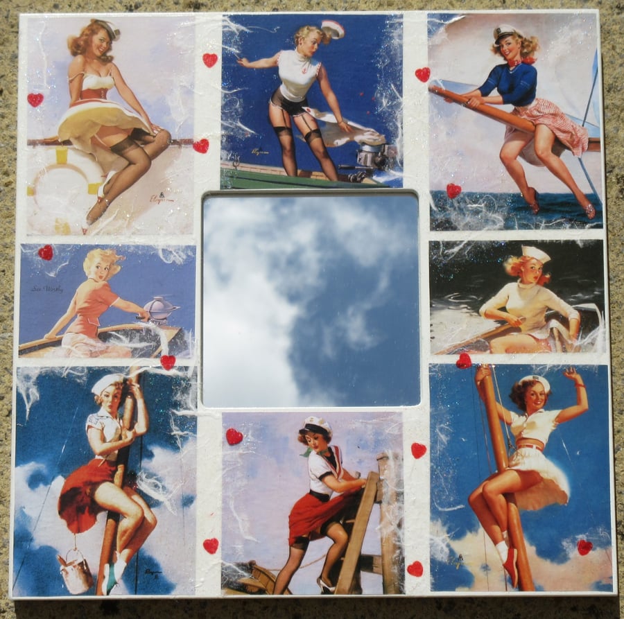 Decoupage mirror using Gil Elvgren Pin-Ups with a boating theme pictures