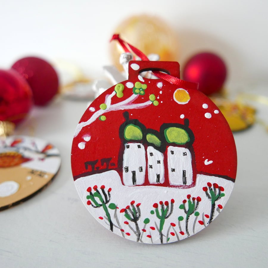 Traditional Christmas Red Decoration, Cottage, Rustic, Hand-painted Ornament