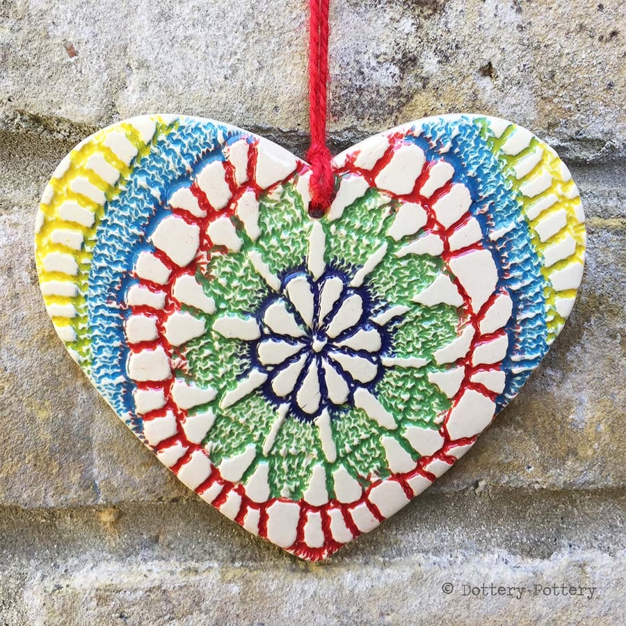 Ceramic heart hanging decoration Pottery Heart Tie Dye Festival Bright Colours