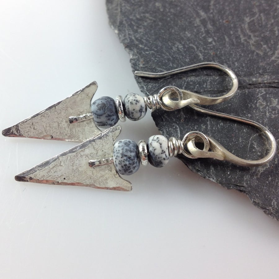 Dendritic opal and silver arrowhead tribal earrings