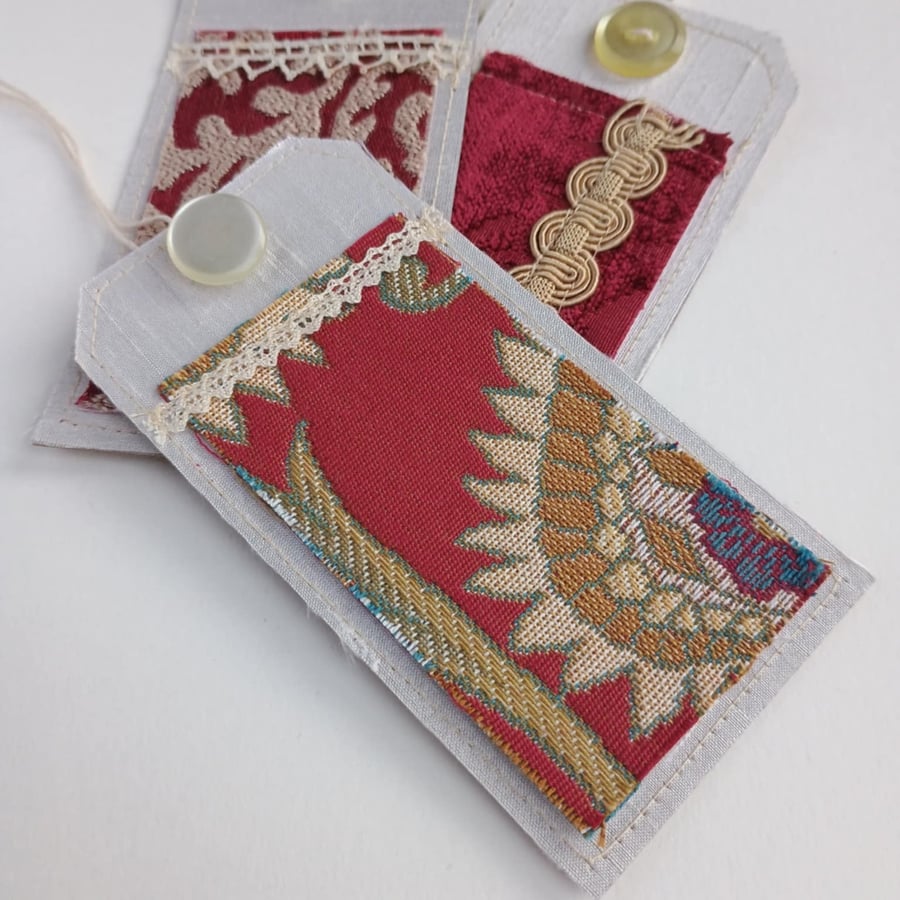 3 Gift Tags - red and gold vintage silk and lace, reclaimed curtain textiles 