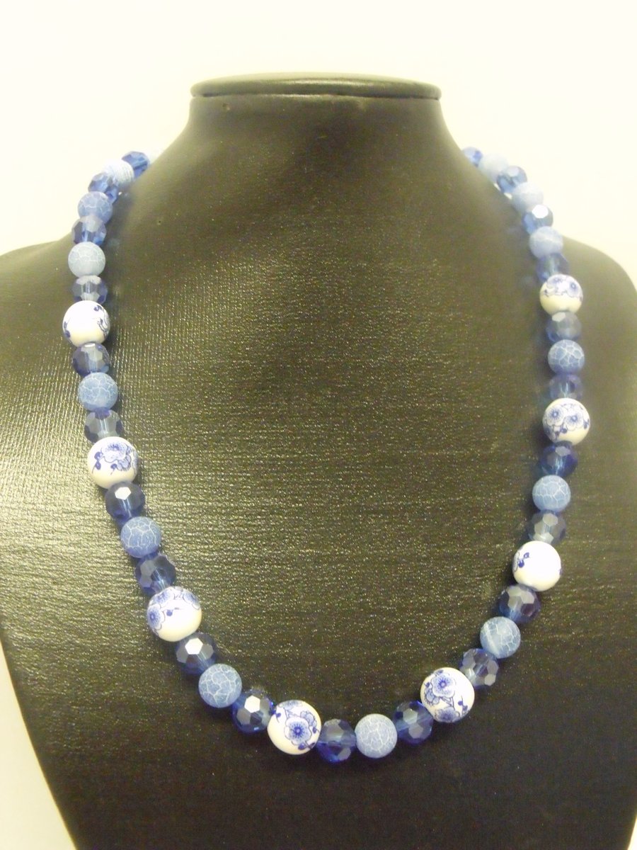 Blue and White Ceramic and Acrylic Beaded Necklace