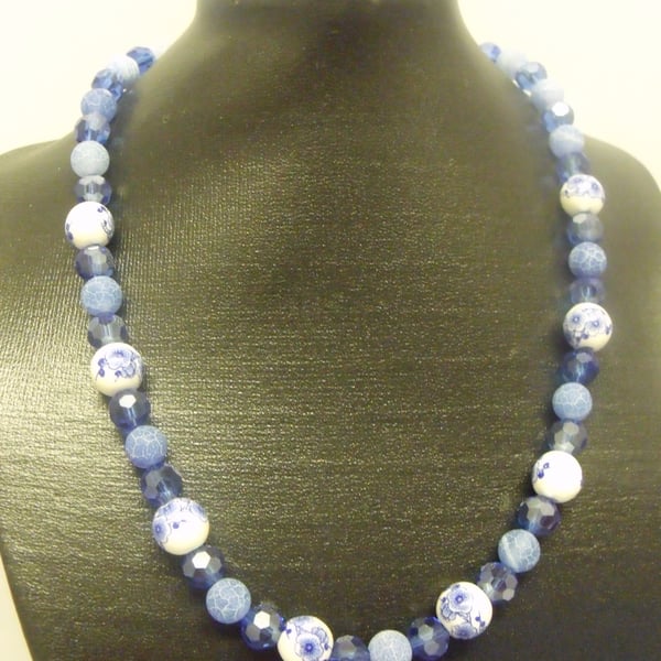 Blue and White Ceramic and Acrylic Beaded Necklace