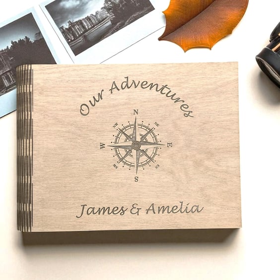 Our Adventures Scrapbook with Compass Design: Personalized Wooden Keepsake Book 