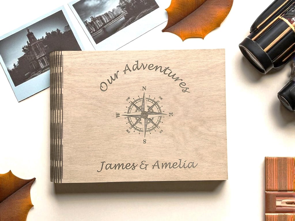 Our Adventures Scrapbook with Compass Design: Personalized Wooden Keepsake Book 