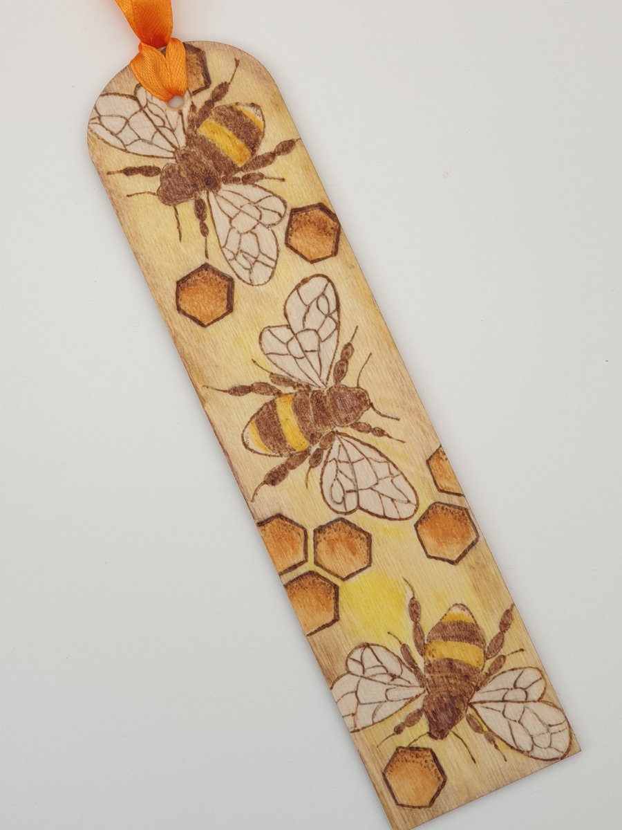 SALE Bee bookmark decorated using pyrography and watercolour 