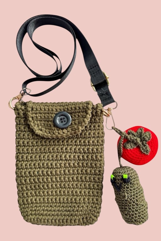 Crochet Veggie Charm Crossbody Bag in Khaki and Red – Handmade Cotton