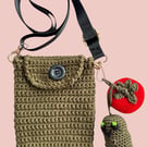 Crochet Veggie Charm Crossbody Bag in Khaki and Red – Handmade Cotton