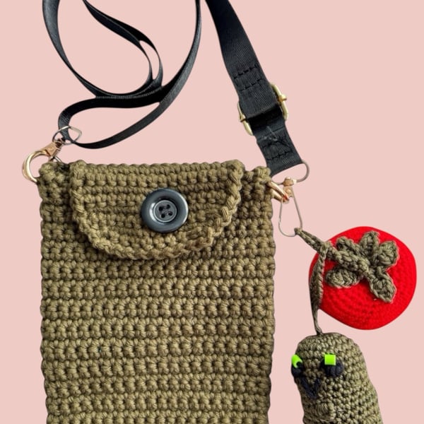 Crochet Veggie Charm Crossbody Bag in Khaki and Red – Handmade Cotton