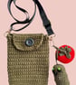 Crochet Veggie Charm Crossbody Bag in Khaki and Red – Handmade Cotton