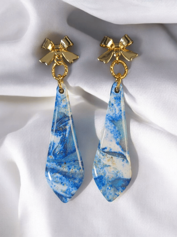 Blue and white marble Effect Dangle Handmade polymer clay Earring