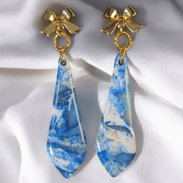 Blue and white marble Effect Dangle Handmade polymer clay Earring