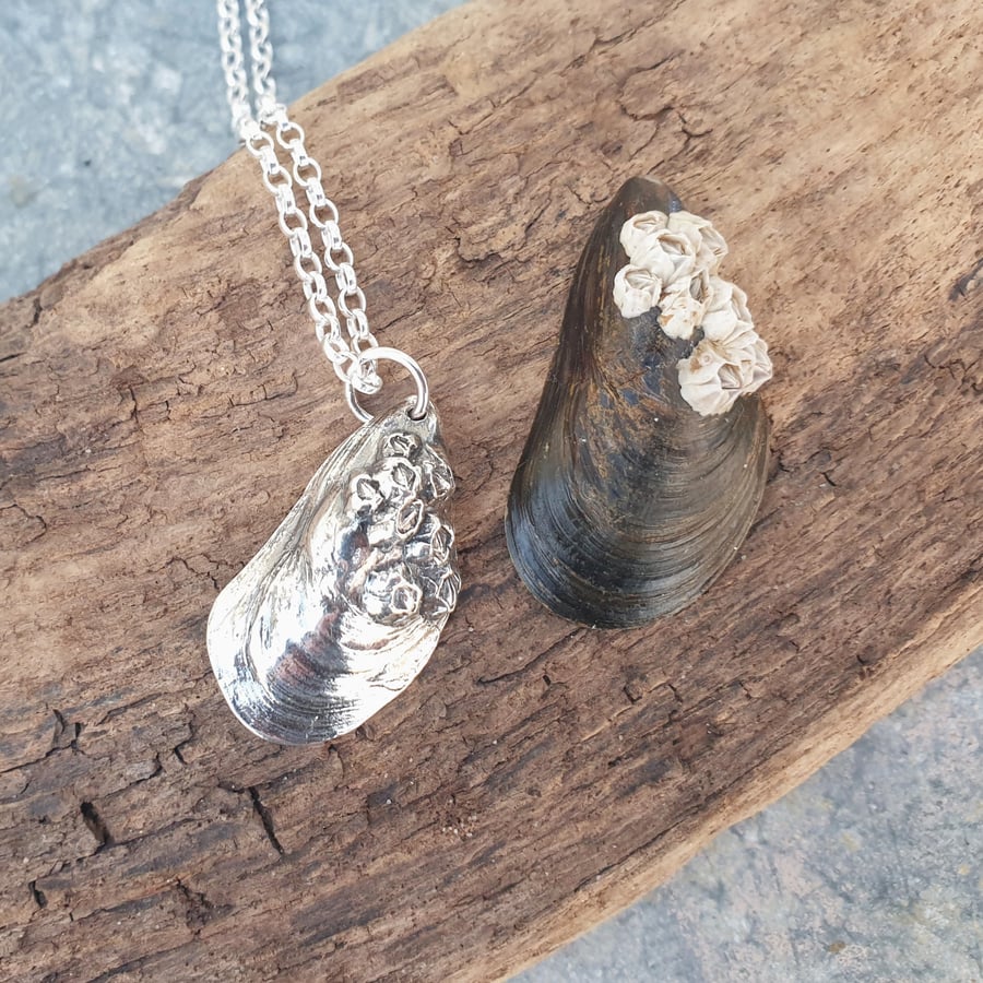 Silver mussel sea shell pendant