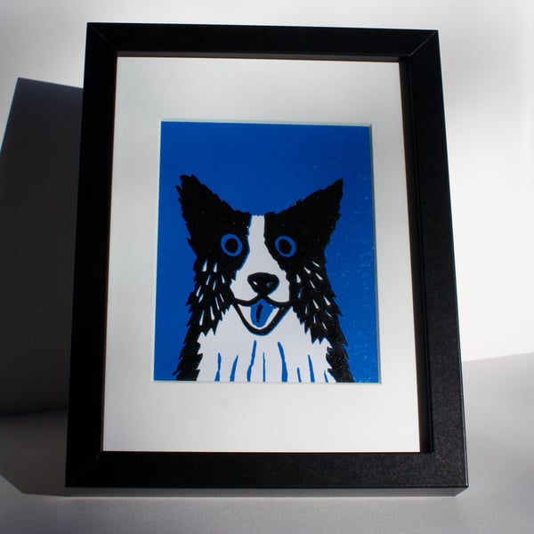 BORDER COLLIE DOG  ORIGINAL LINOPRINT ON BLUE - FREE POSTAGE
