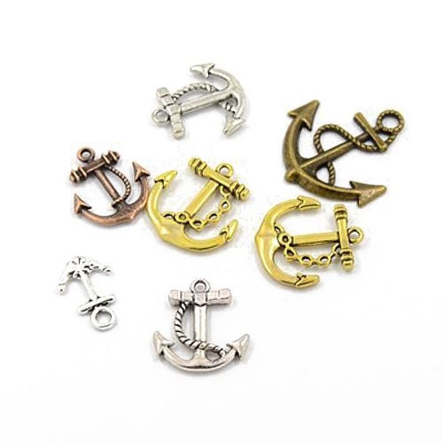 Tibetan Silver Anchor Charms - Multicolour, 5-40mm - Mixed Pack of 30g - Durable