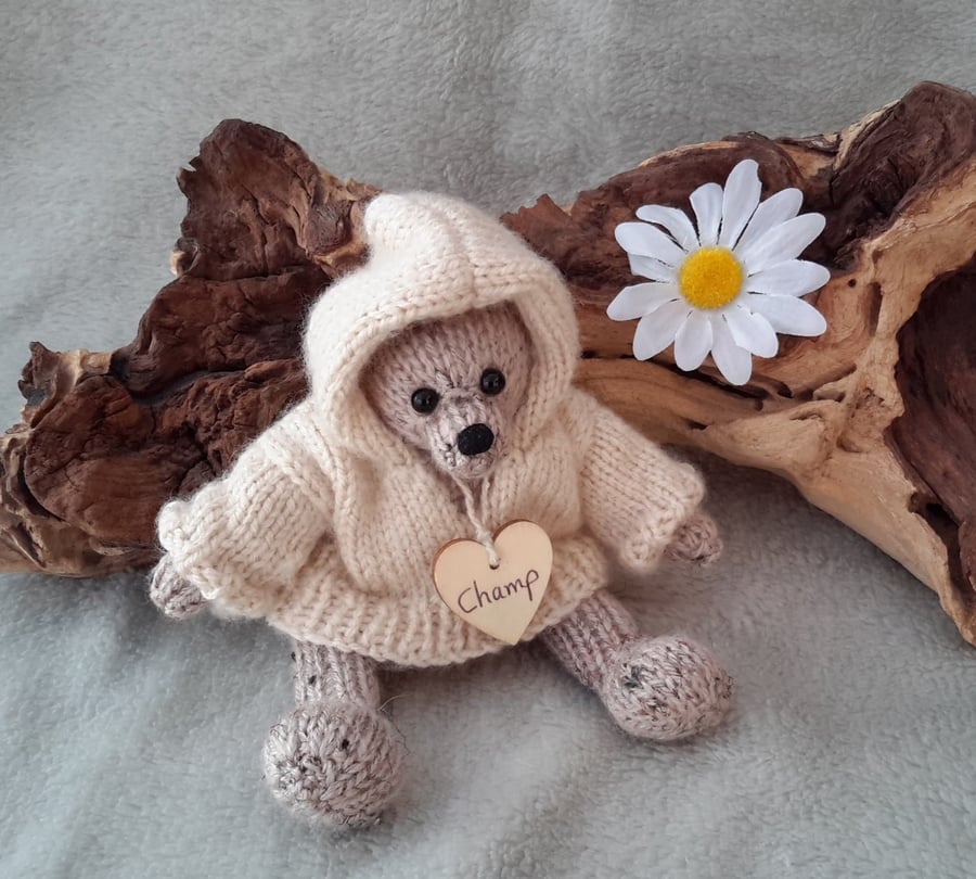Miniature knitted bear, hand knitted mini Teddy bear, dressed pocket bear
