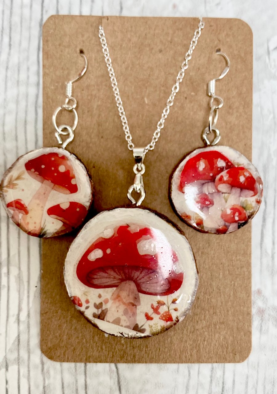 Woodland Mushroom Shroom Pendant & Earrings Set Handmade on Tiny Wood Slices