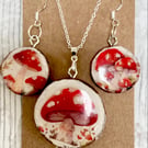 Woodland Mushroom Shroom Pendant & Earrings Set Handmade on Tiny Wood Slices