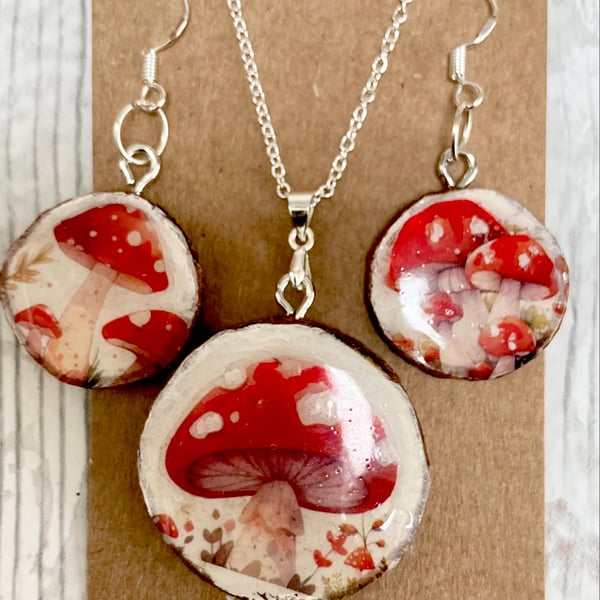 Woodland Mushroom Shroom Pendant & Earrings Set Handmade on Tiny Wood Slices
