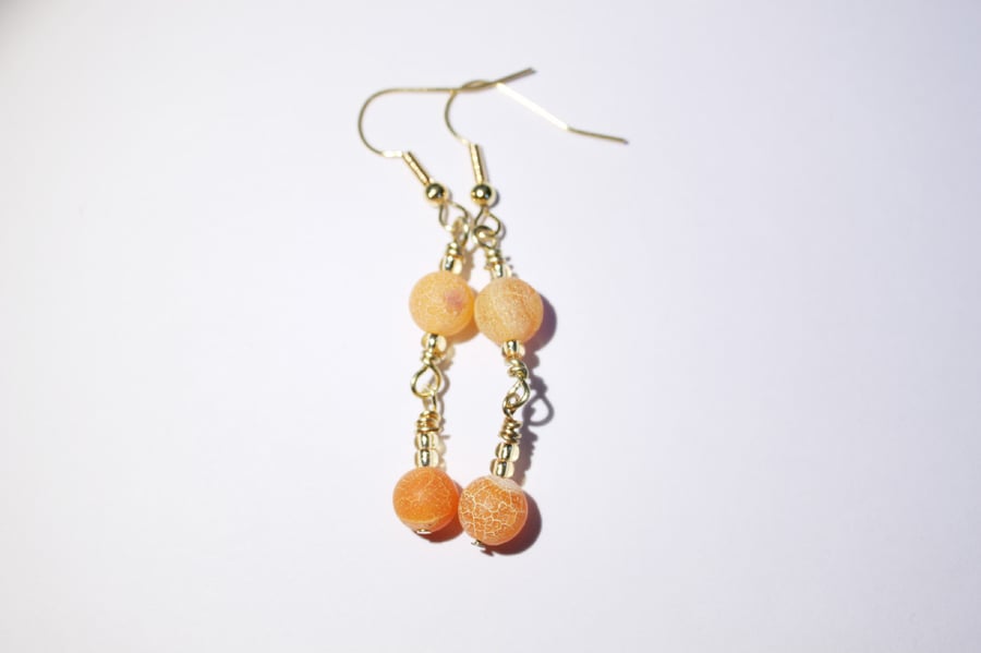 Orange frosted agate beaded dangle earrings,Cracked agate earrings