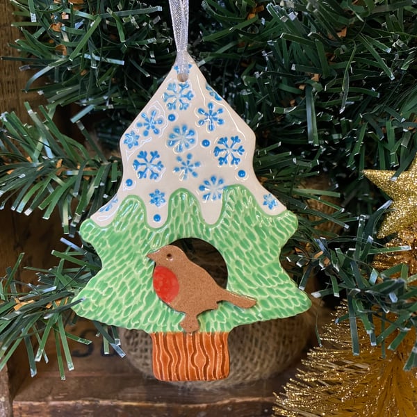 Ceramic snowy Christmas tree with Robin