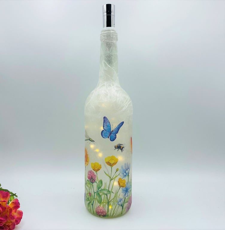 Decoupage bottle light summer meadow flowers