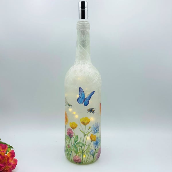 Decoupage bottle light summer meadow flowers