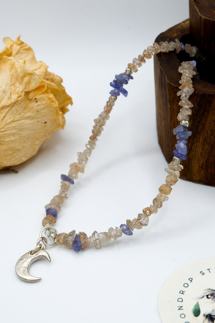 Peach Zircon & Tanzanite Gemstone Beaded Celestial Moon Pendant Necklace 