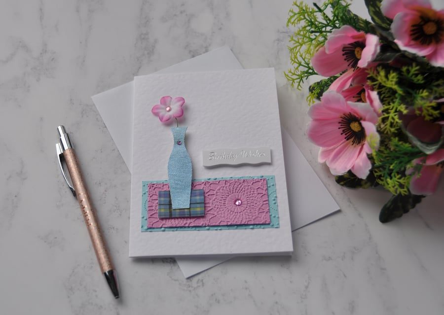 Birthday Card Tall Blue Vase With Single Purple Flower 3D Luxury Handmade Card