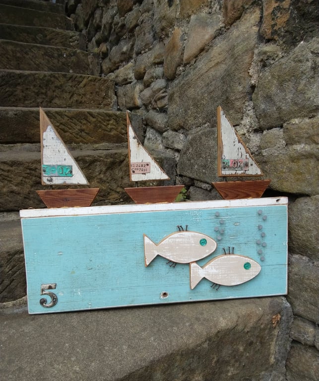 Rustic Coastal Wooden Boat & Fish Wall Art, Reclaimed Wood Nautical Decor