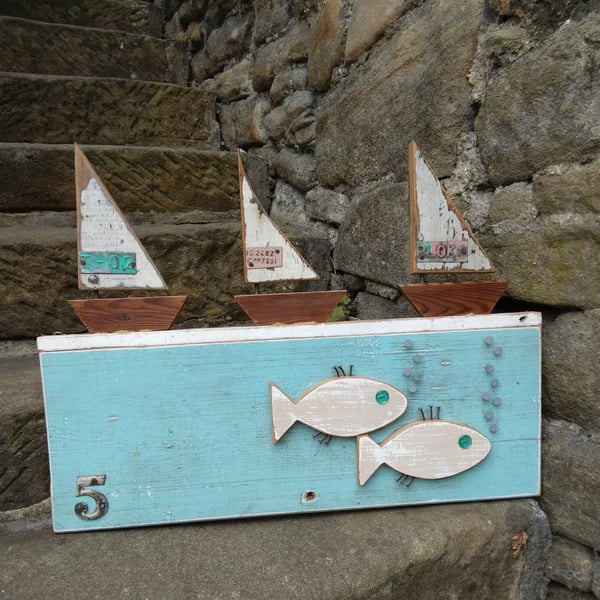 Rustic Coastal Wooden Boat & Fish Wall Art, Reclaimed Wood Nautical Decor