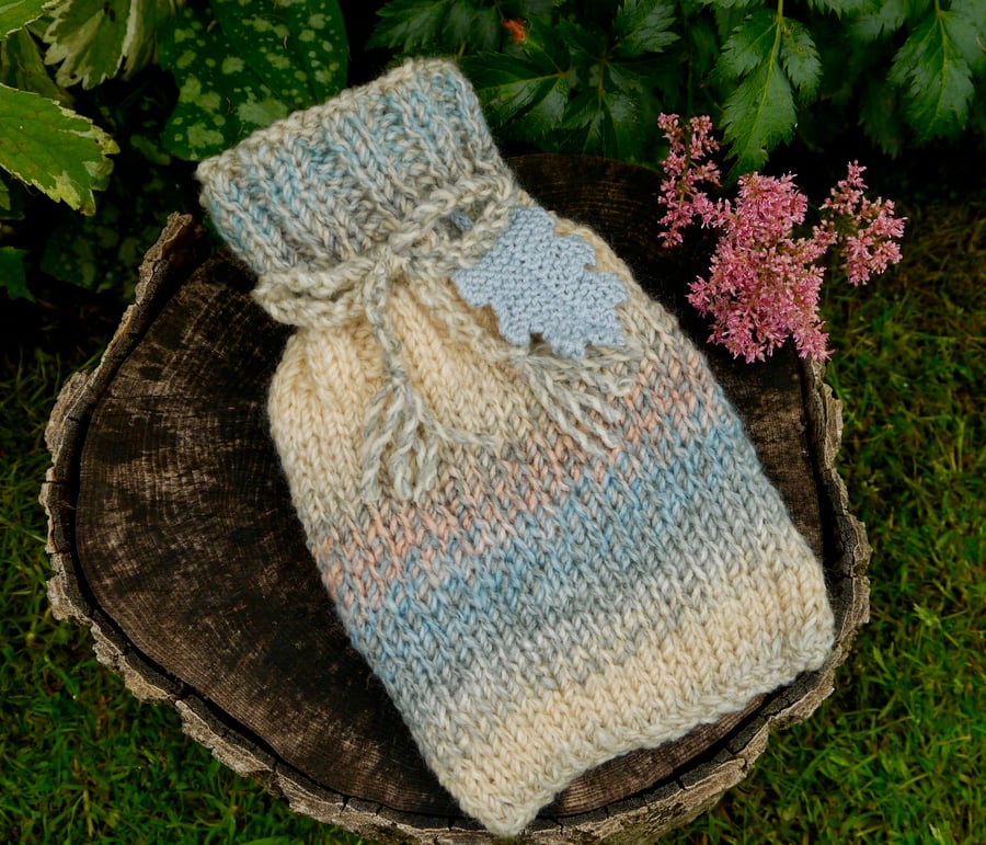 Knitted Mini Hot Water Bottle Cosy with Oak Leaf, 500ml Bottle Included