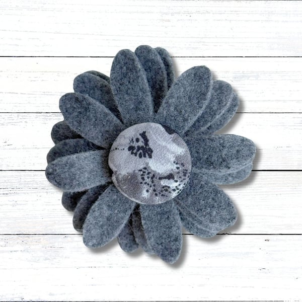 Handmade Felt Grey Flower Brooch, Eco Friendly Upcycled Fabric, Gift Boxed