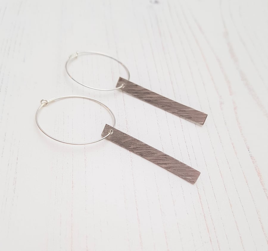 Hammered Texture Sterling Silver Bar Earrings on Hoop