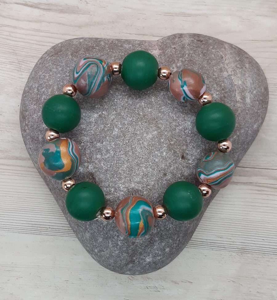Polymer clay bracelet in green and biscotti brown