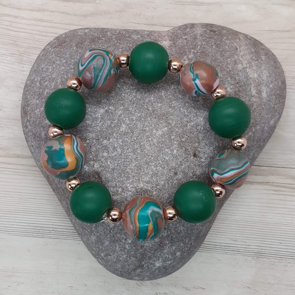 Polymer clay bracelet in green and biscotti brown
