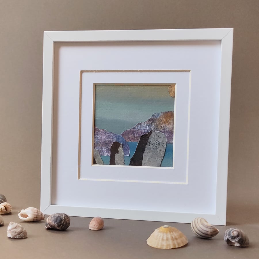 "Calm Sea and Distant Land". Framed wall art. Original abstract landscape 