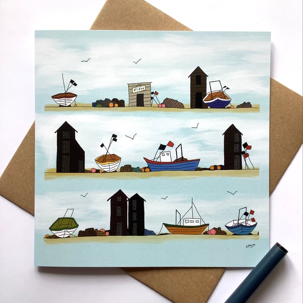 Fishing huts and boats - greetings card - blank for own message