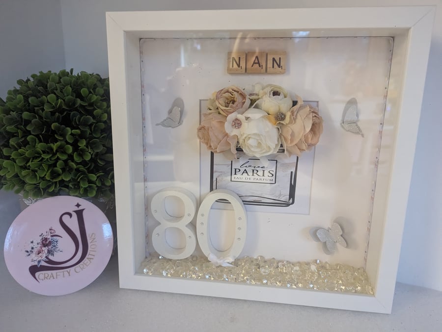 Personalised Box Frame, 80th, Birthday, Flowers, Perfume Handmade, Unique