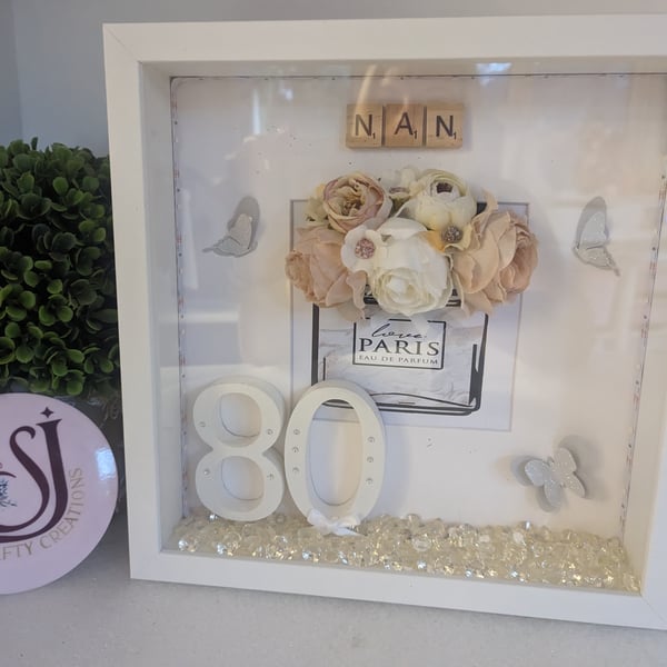Personalised Box Frame, 80th, Birthday, Flowers, Perfume Handmade, Unique