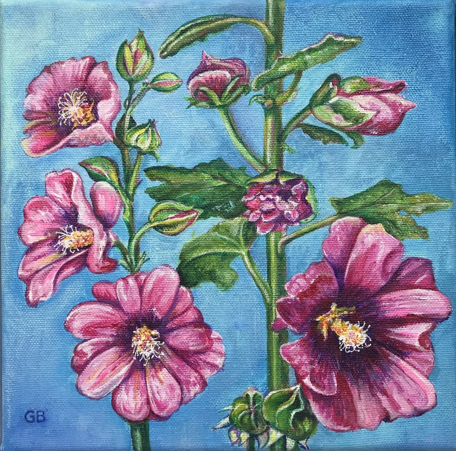'Hollyhocks', Original Acrylic Painting, Garden Painting, Floral Painting, Gift.
