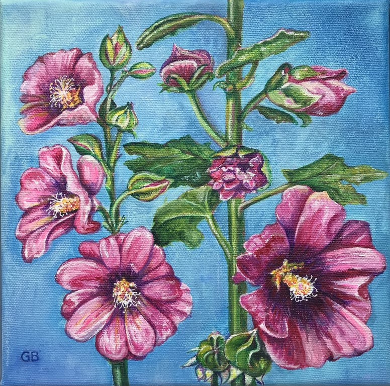 'Hollyhocks', Original Acrylic Painting, Garden Painting, Floral Painting, Gift.