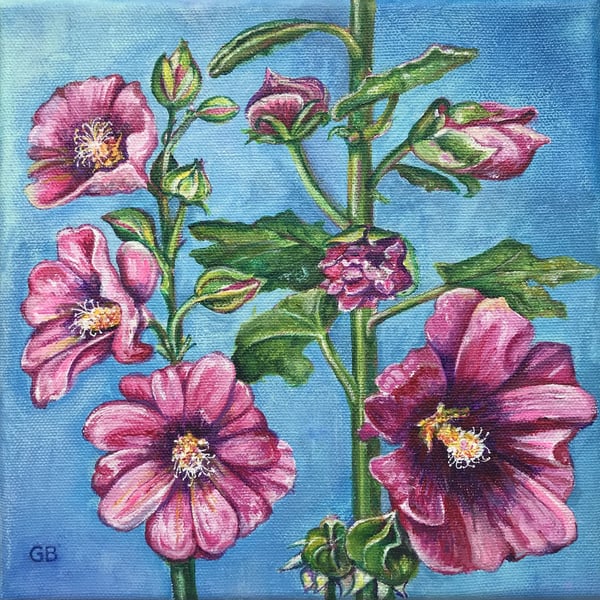 'Hollyhocks', Original Acrylic Painting, Garden Painting, Floral Painting, Gift.