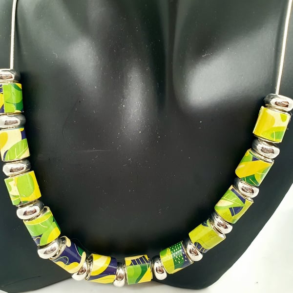 Green and yellow paper beaded necklace on a silver plated chain 
