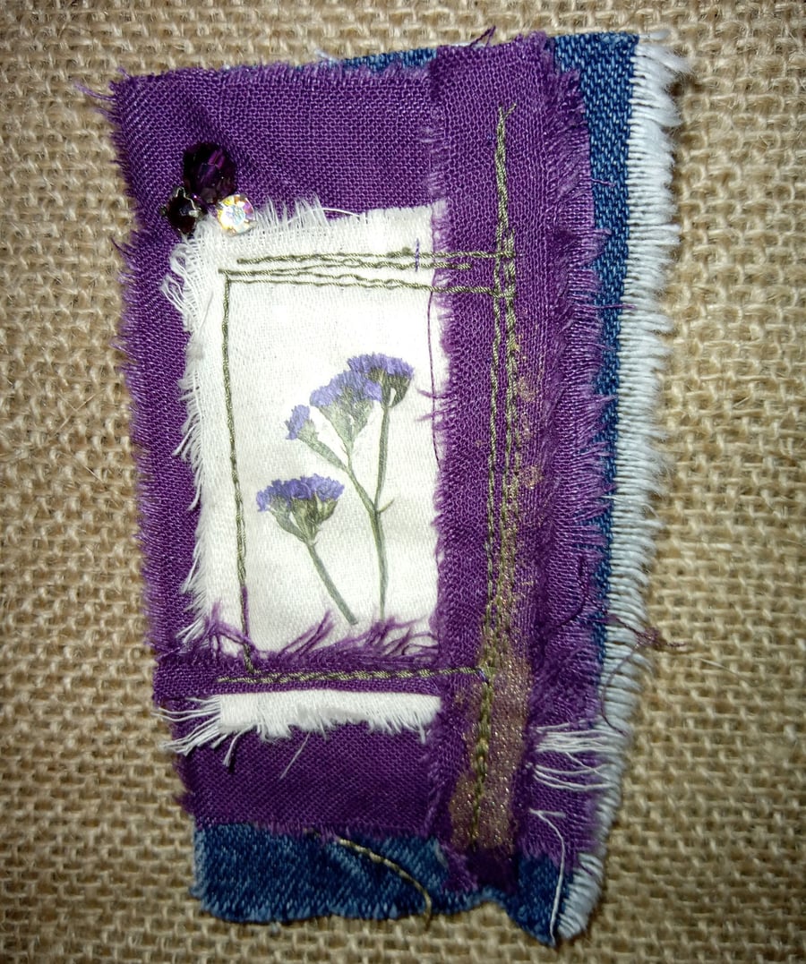 Purple flower brooch scrap fabric
