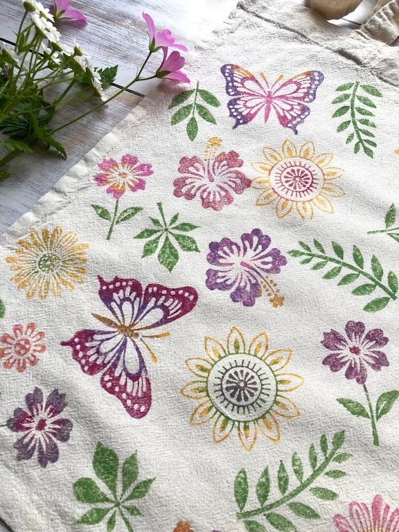 Block Printed Tote Bag Summer Butterfly