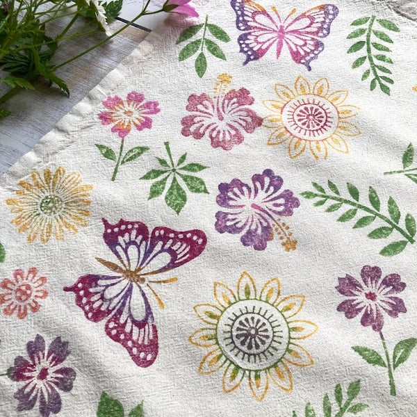 Block Printed Tote Bag Summer Butterfly