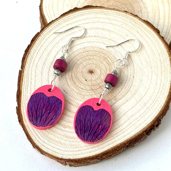 Real Pressed Geranium Pink Sliver Plated Dangle Wood and Bead Earrings